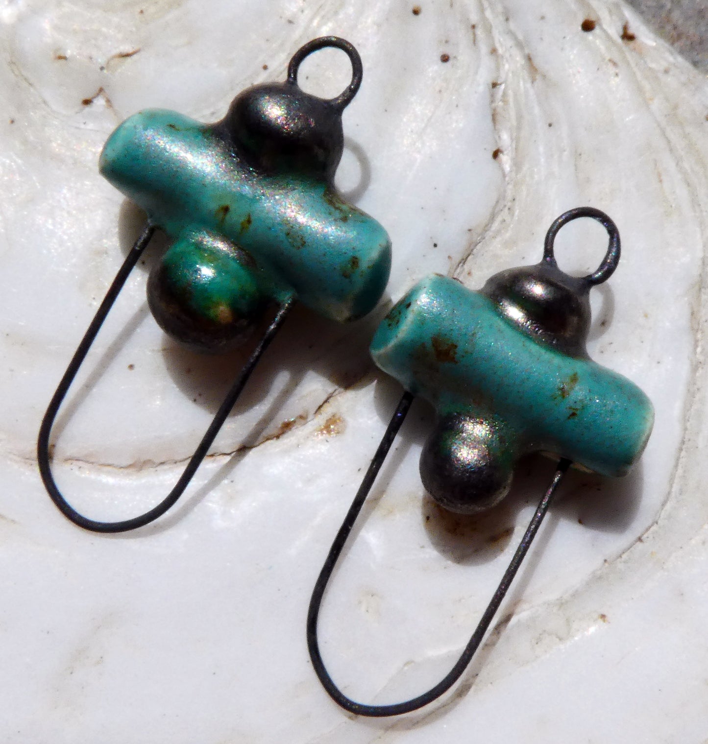 Ceramic Stick and Bobble Hoopy Earring Connectors - Turquoise Sprinkle
