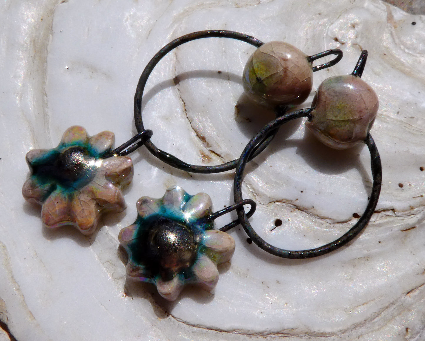 Ceramic Lustrous Hoopy Flower Dangles-Orchid