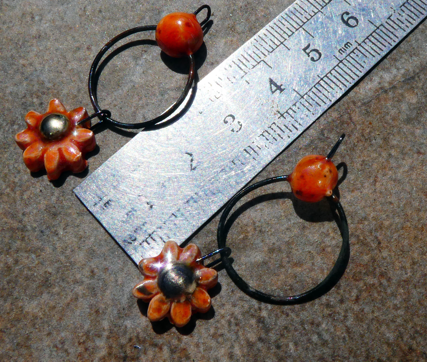 Ceramic Lustrous Hoopy Flower Dangles-Wildfire