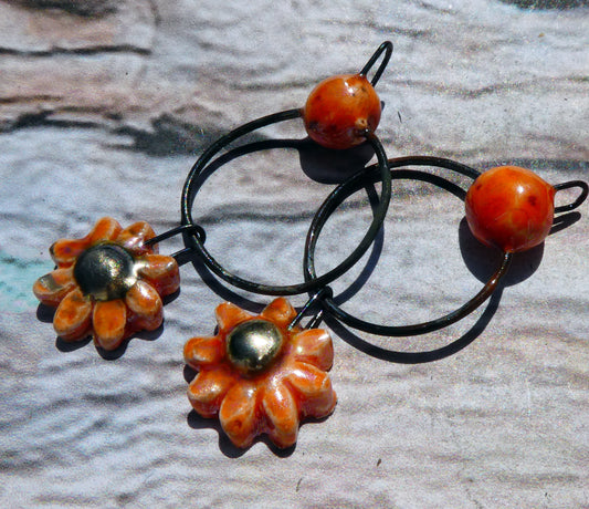 Ceramic Lustrous Hoopy Flower Dangles-Wildfire