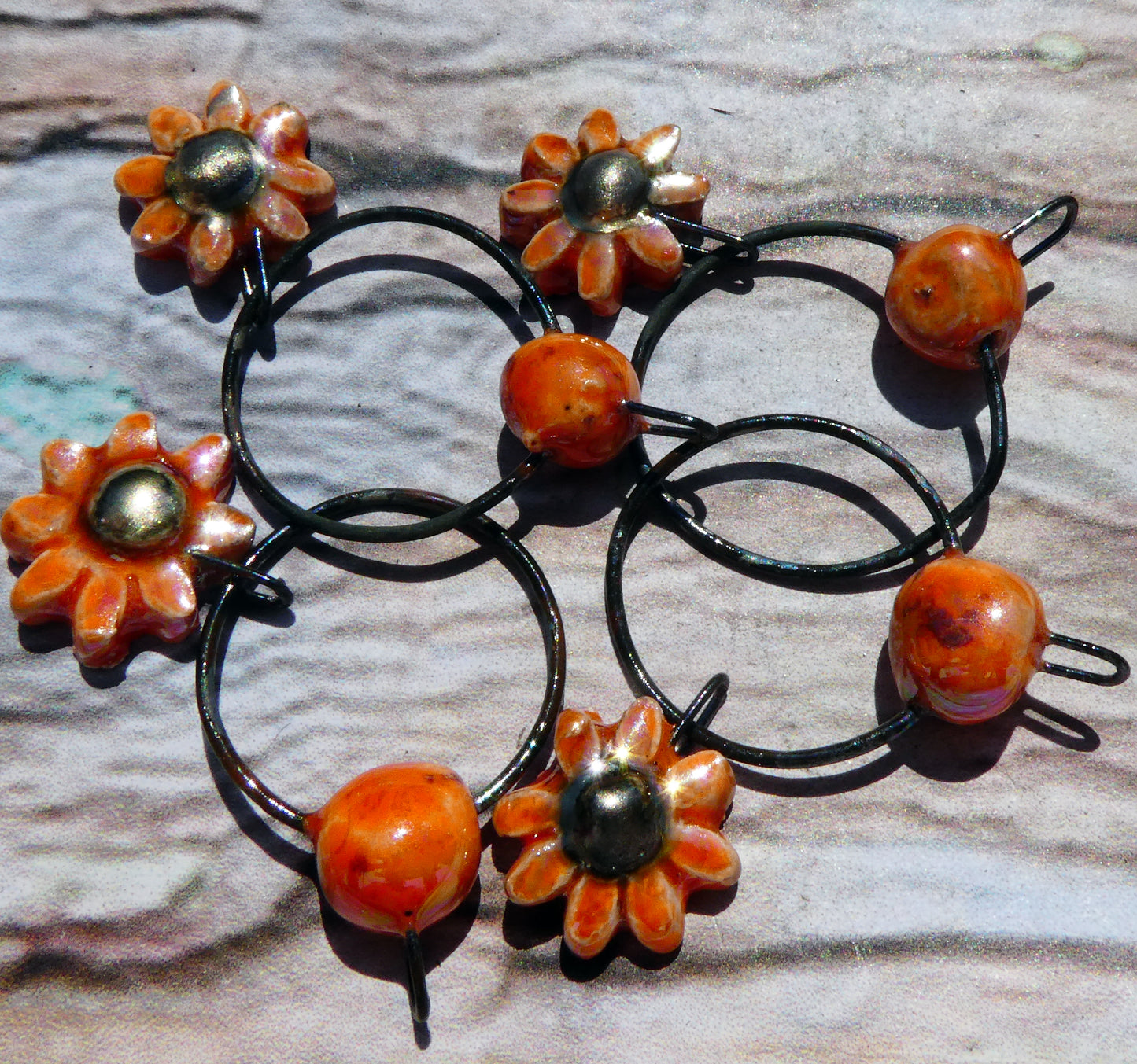 Ceramic Lustrous Hoopy Flower Dangles-Wildfire