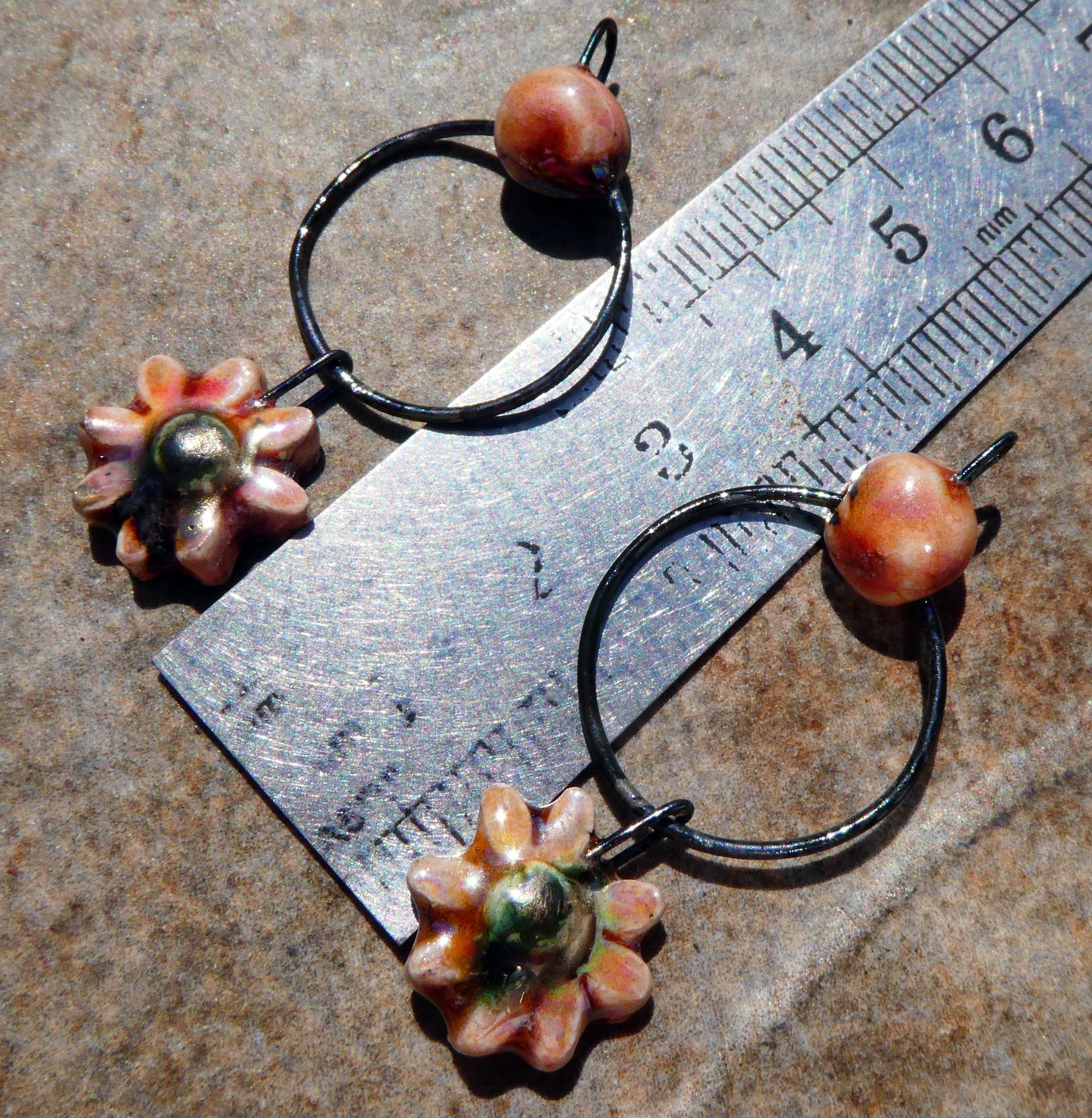 Ceramic Lustrous Hoopy Flower Dangles- Day Lily