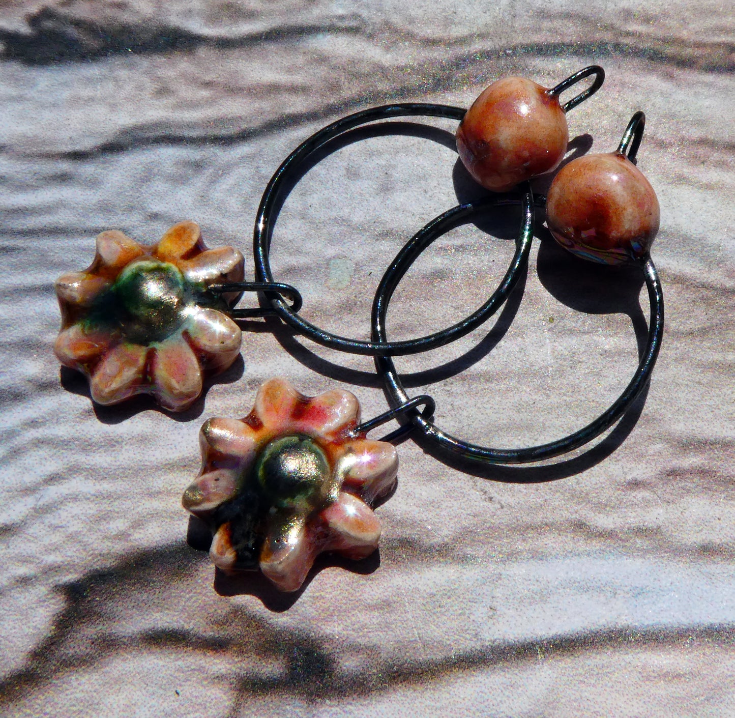 Ceramic Lustrous Hoopy Flower Dangles- Day Lily