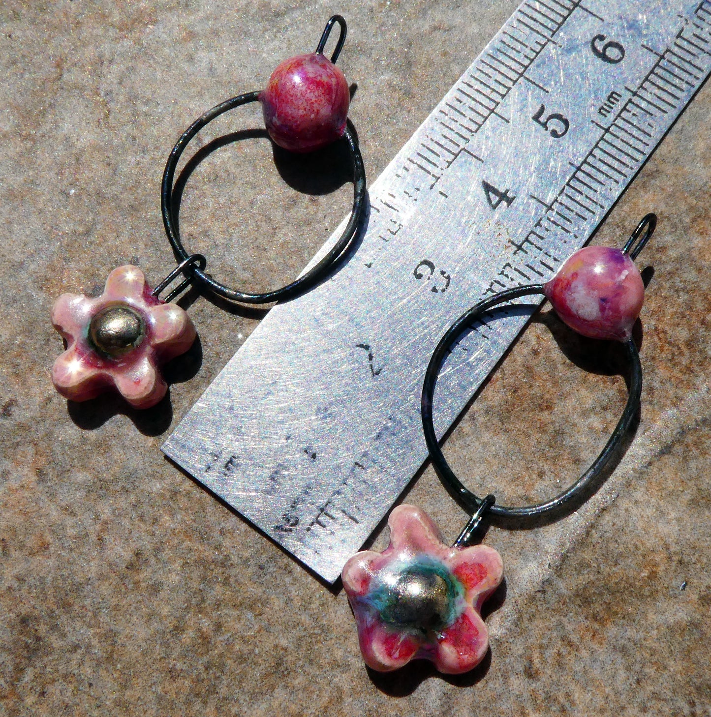 Ceramic Lustrous Hoopy Flower Dangles- Berry Tart
