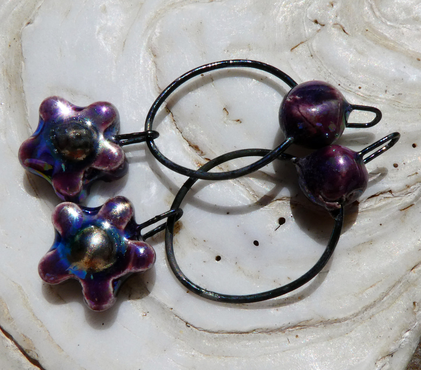 Ceramic Lustrous Hoopy Flower Dangles- Royal Fantasy