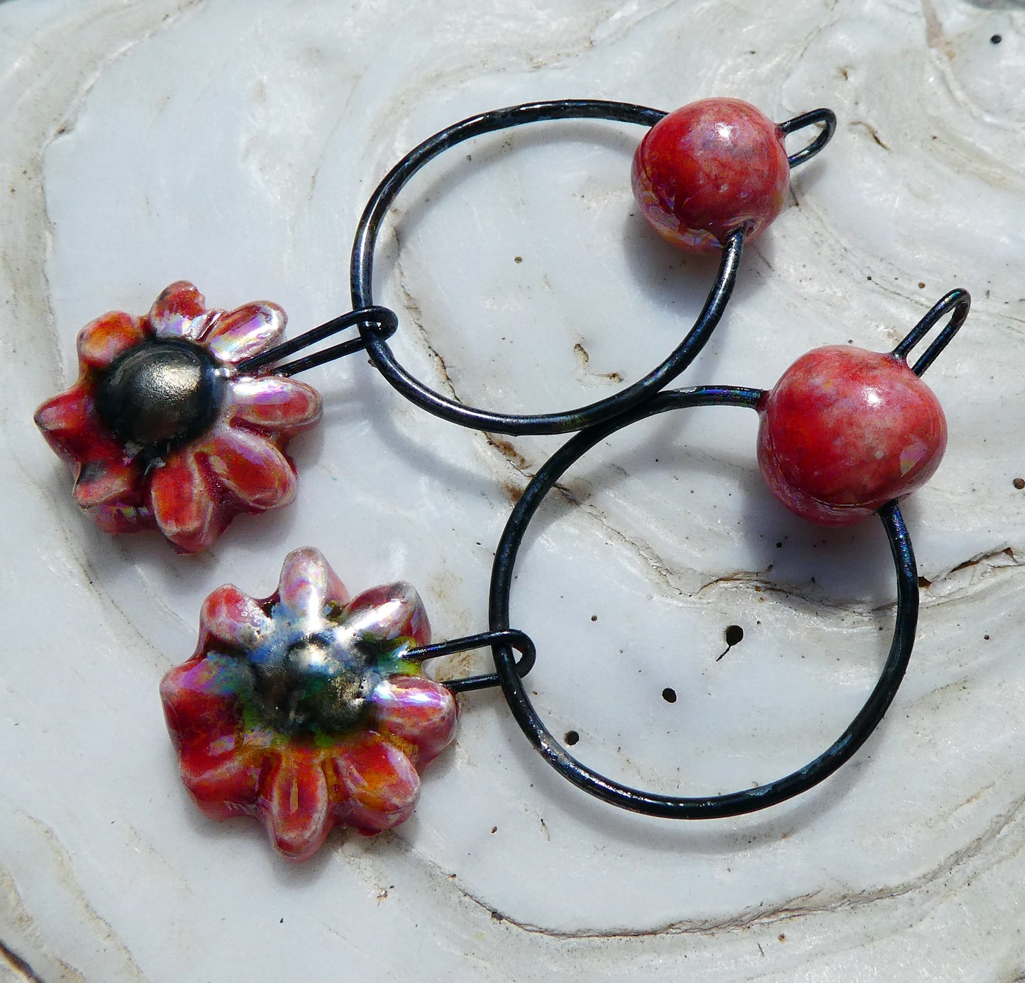 Ceramic Lustrous Hoopy Flower Dangles-Fruit Punch