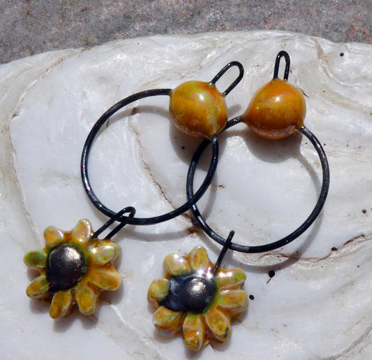 Ceramic Lustrous Hoopy Flower Dangles-Yellow