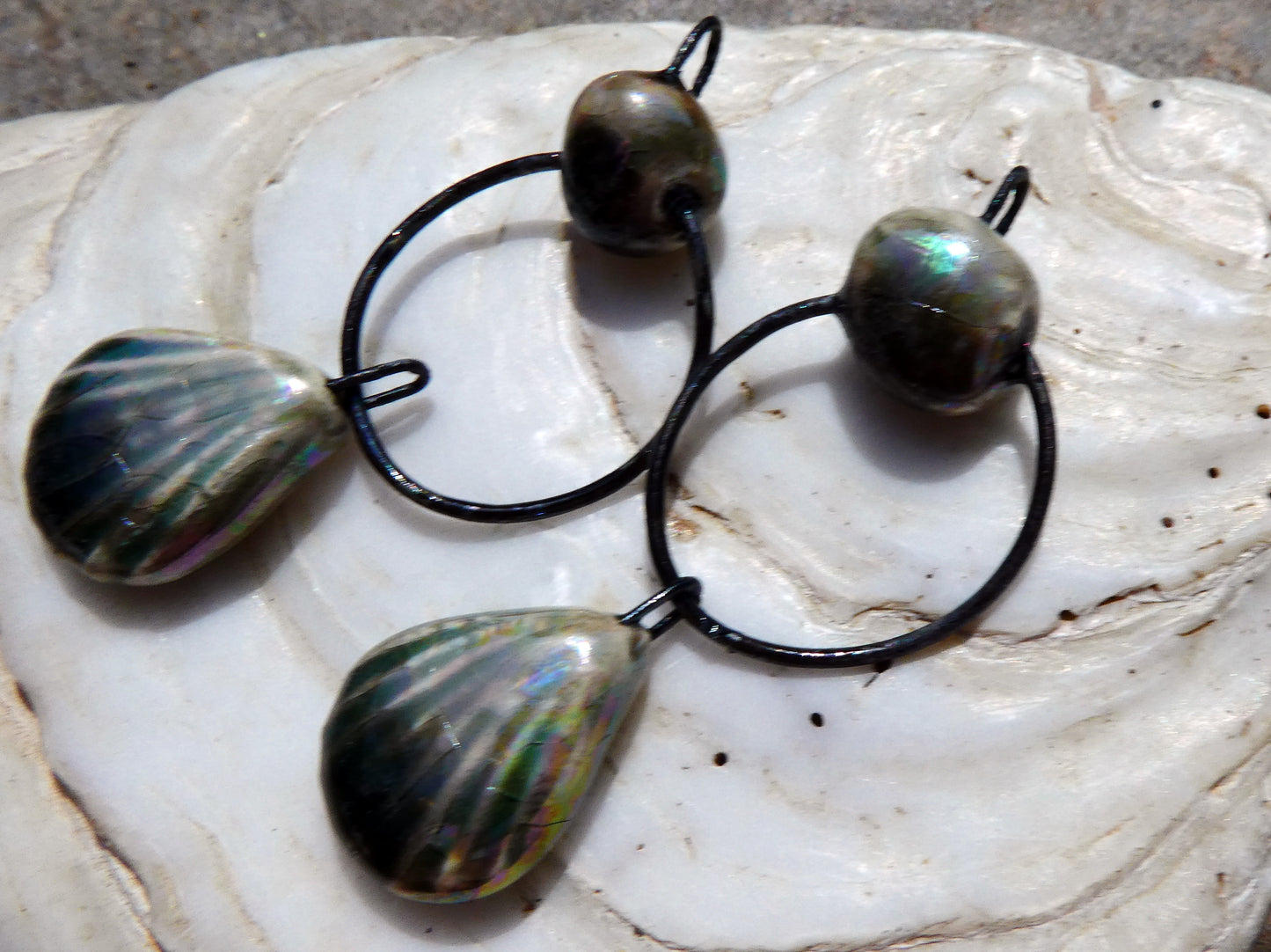 Ceramic Lustrous Hoopy Shell  Dangles- Andromeda