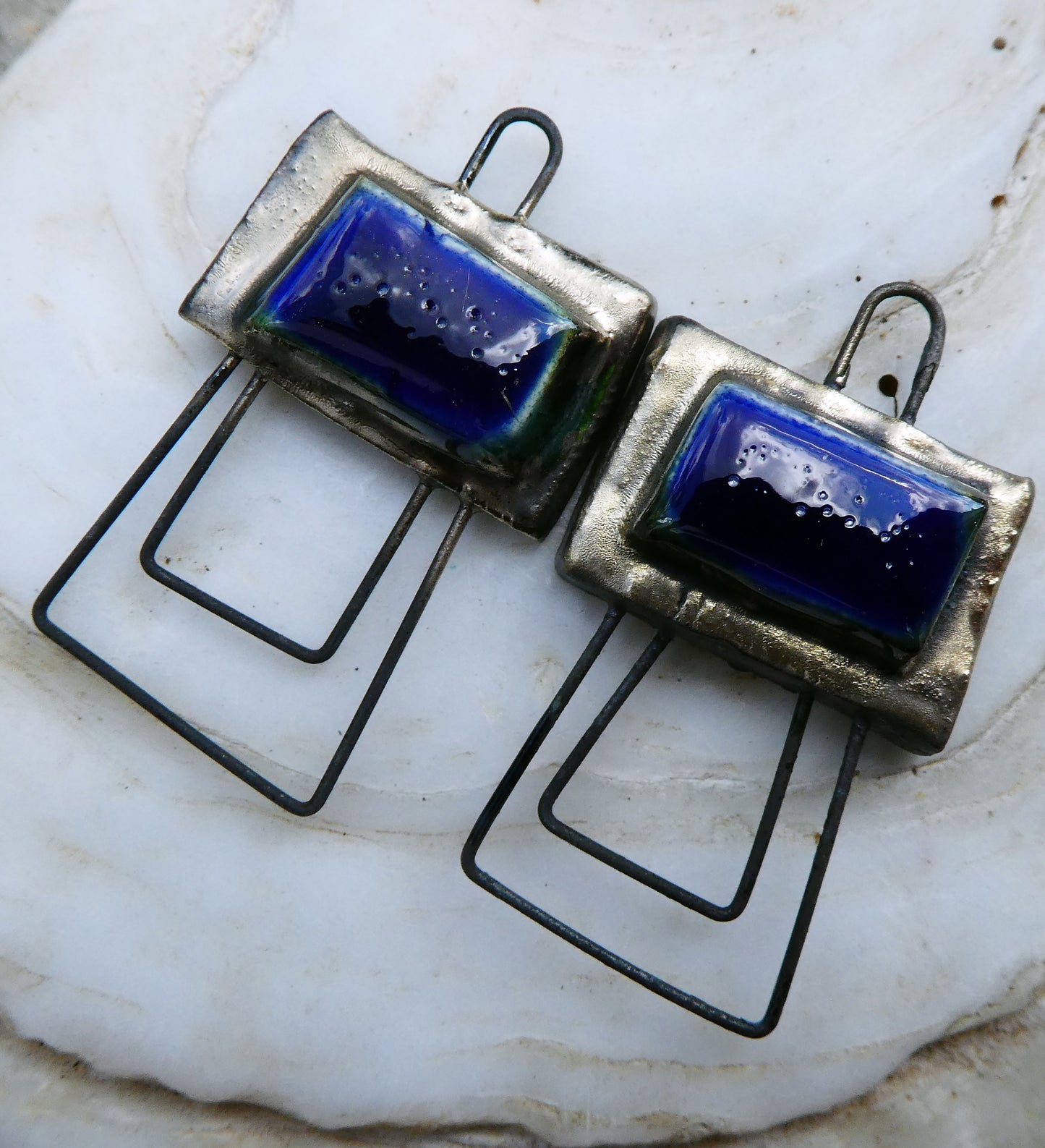 Ceramic Double Hoop Moulded Rectangle Connectors - Mirror Blue