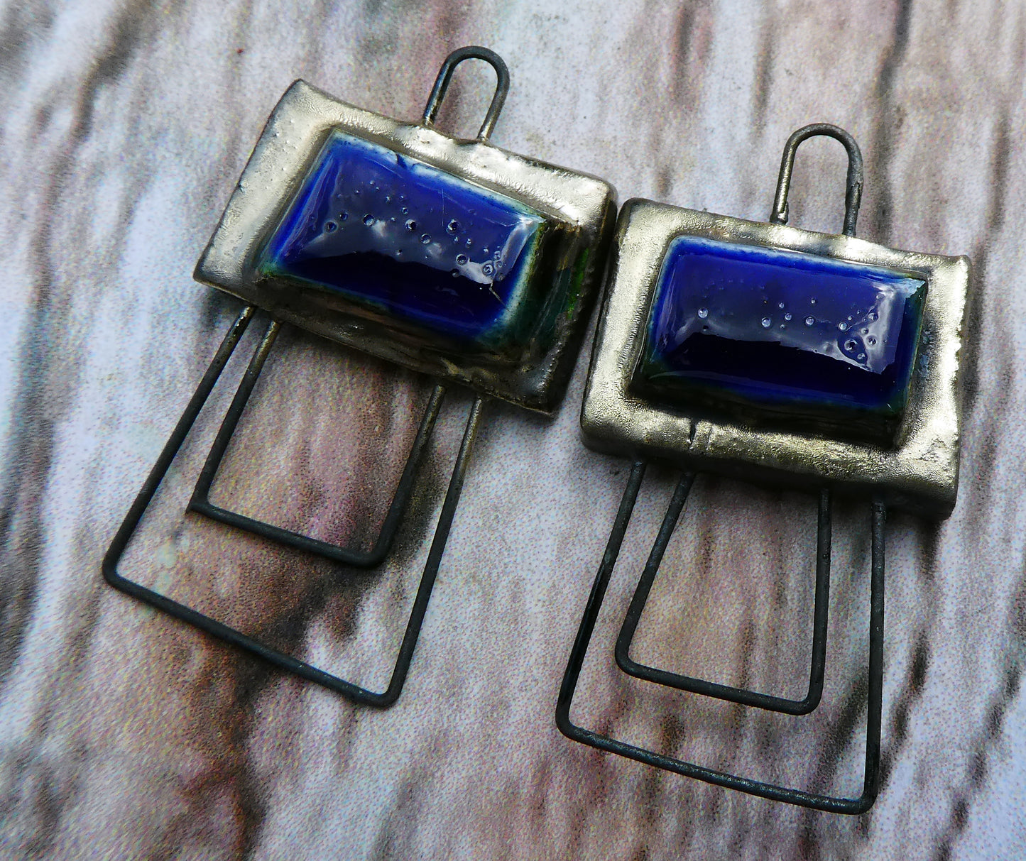 Ceramic Double Hoop Moulded Rectangle Connectors - Mirror Blue