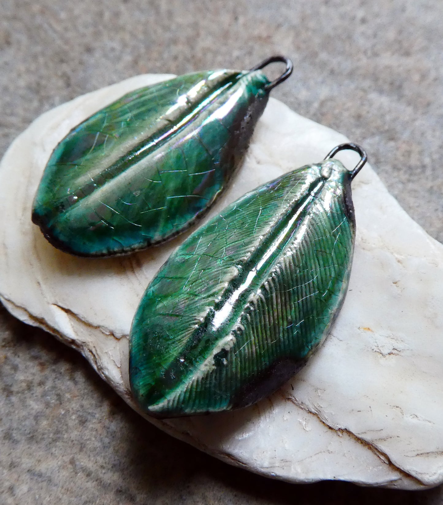 Ceramic Lustrous Feather Charms- Algae Bloom