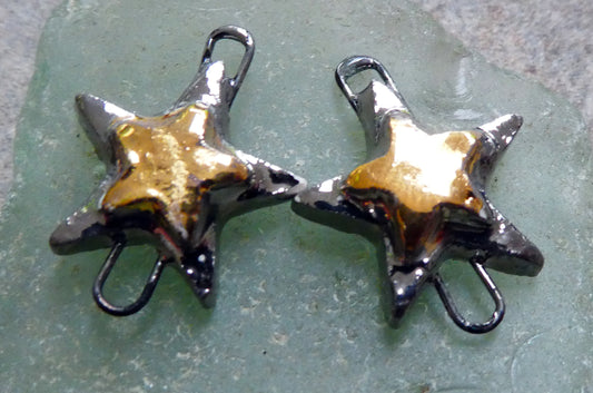 Ceramic Moulded Stars Earring Connectors -Platinum and Gold Lustre