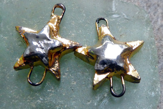 Ceramic Moulded Stars Earring Connectors - Gold and Platinum Lustre