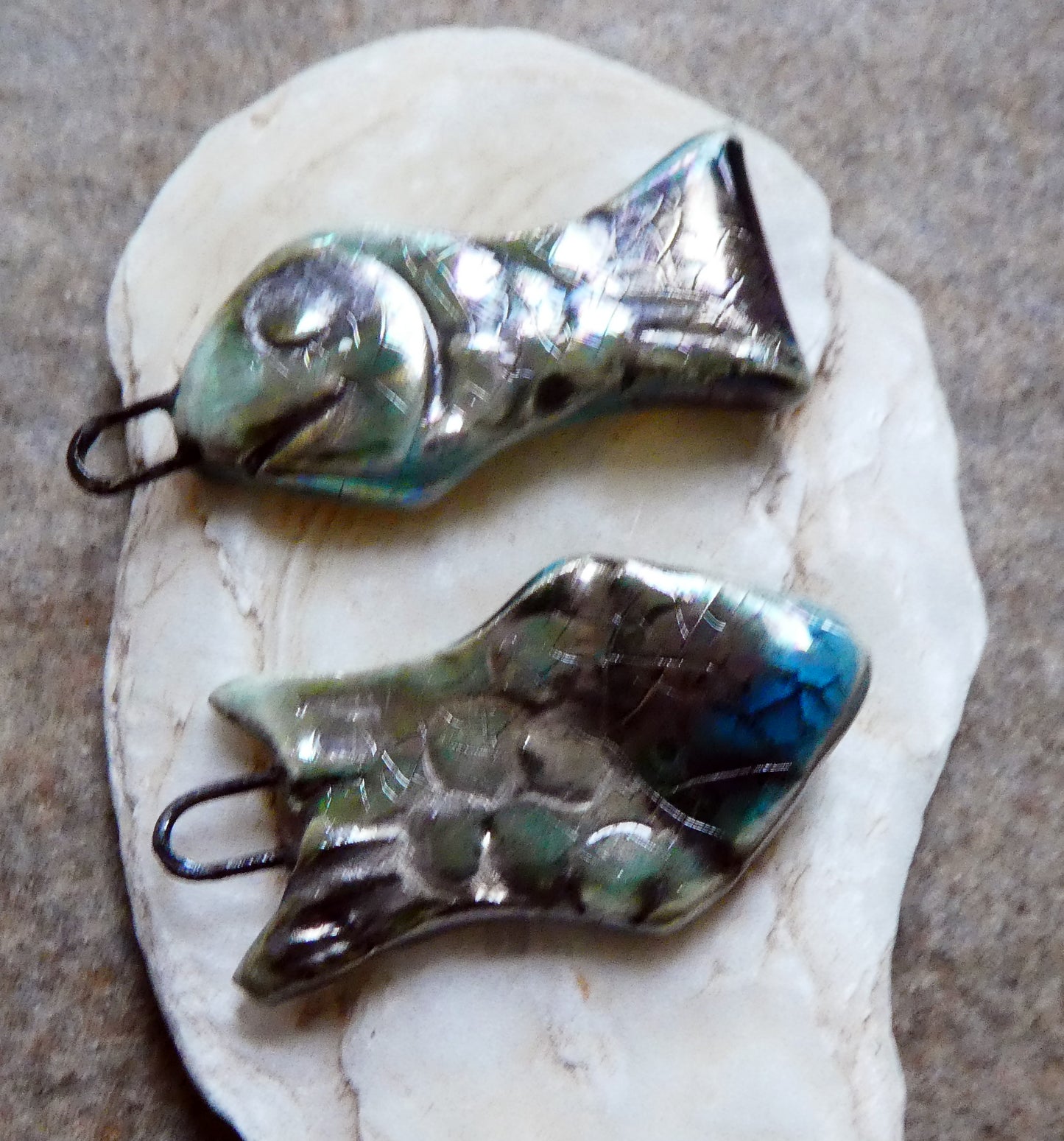 Ceramic Shimmering Lustrous Fish Charms- Turquoise Crackle