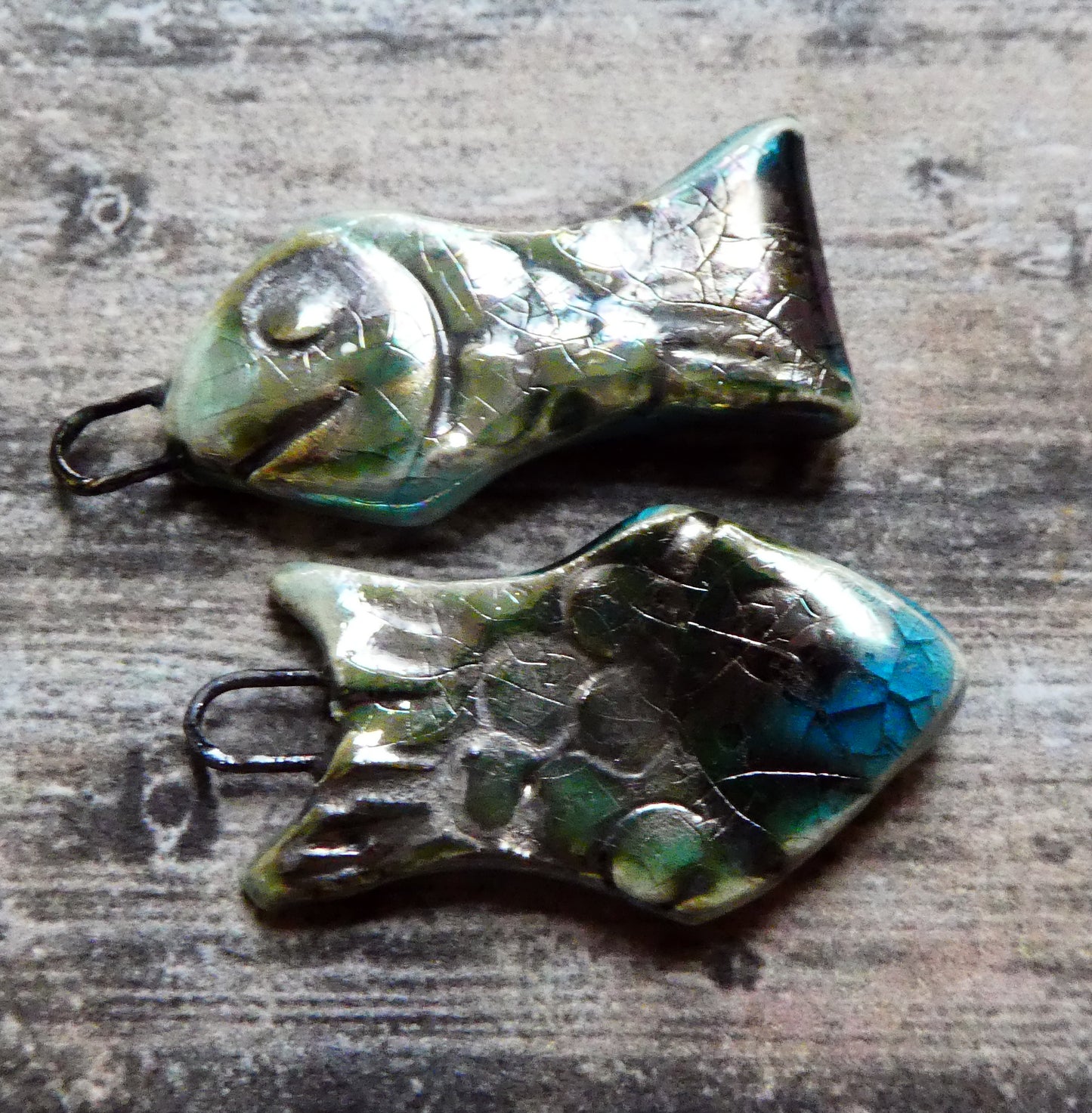 Ceramic Shimmering Lustrous Fish Charms- Turquoise Crackle