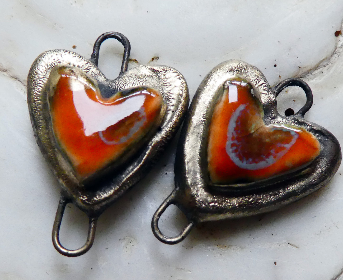 Ceramic Little Moulded Heart Connectors -Vermillion Sunburst