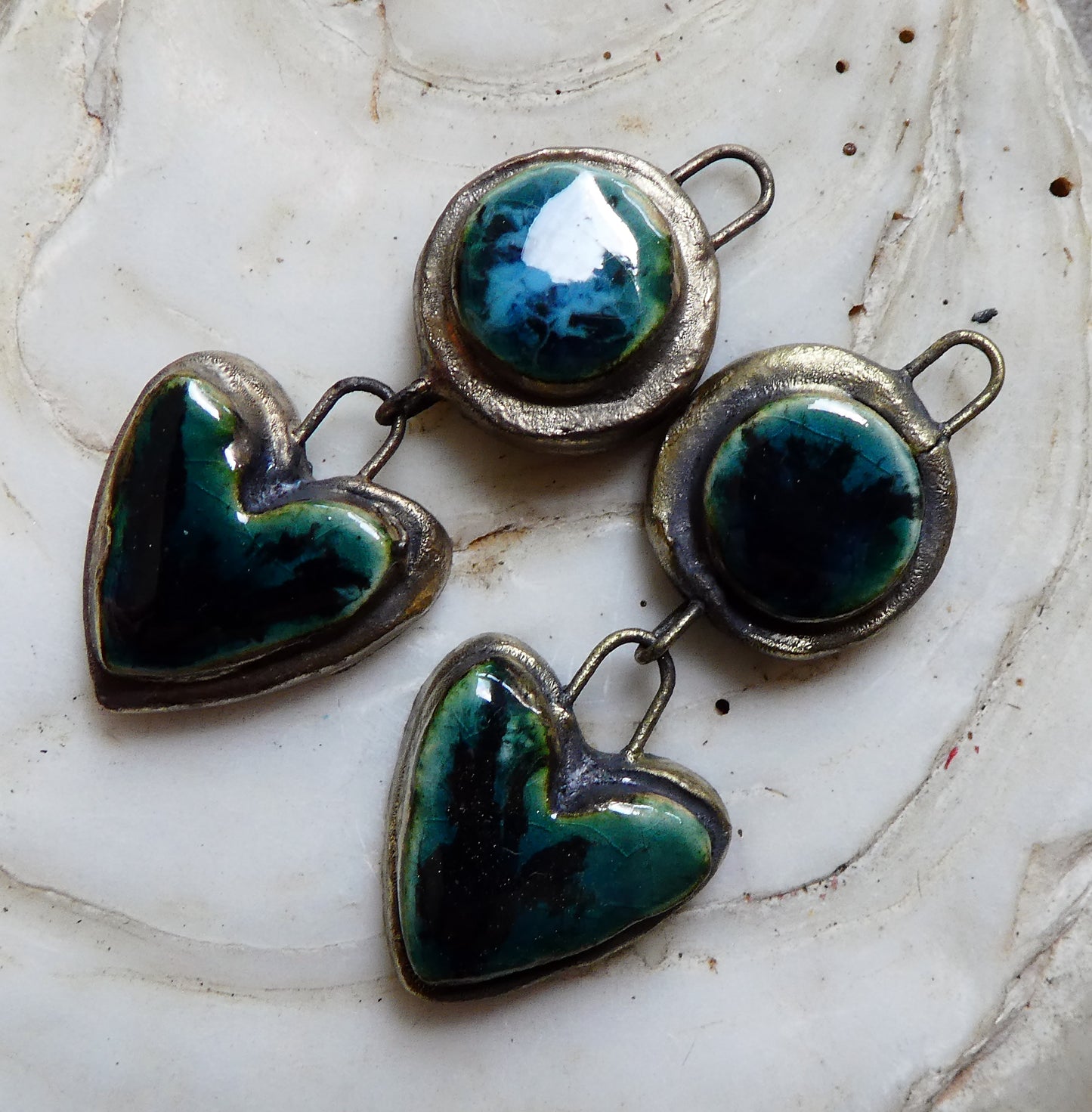 Ceramic Moulded Disc and Heart Dangles -Ocean Mist