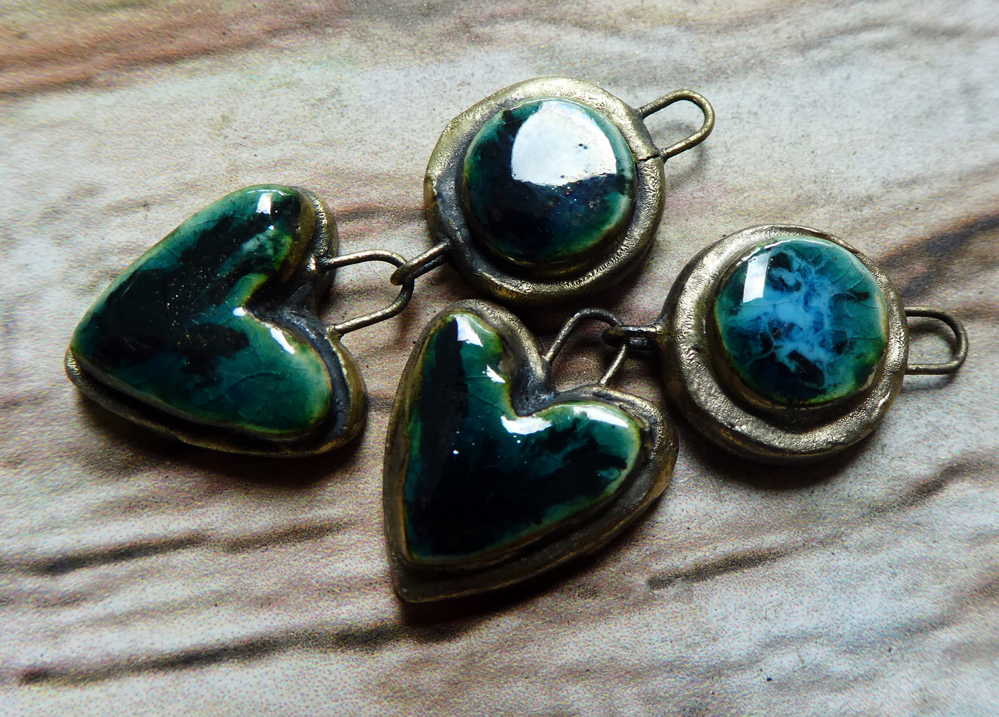 Ceramic Moulded Disc and Heart Dangles -Ocean Mist