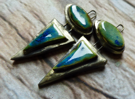 Ceramic Moulded Oval and Triangle Charms -Blue Azure