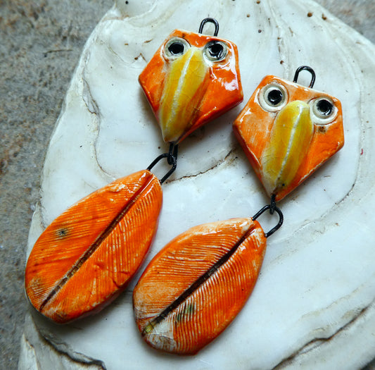 Ceramic Bird and Feather Dangles - Mandarin
