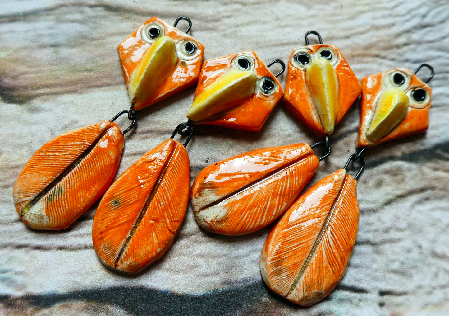Ceramic Bird and Feather Dangles - Mandarin