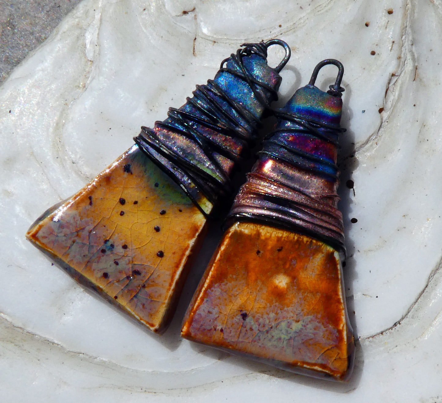 Ceramic Wire Wrapped Wedge Charms -Amber Ash