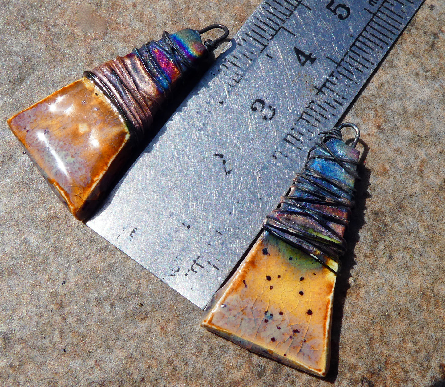 Ceramic Wire Wrapped Wedge Charms -Amber Ash