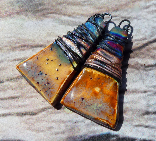Ceramic Wire Wrapped Wedge Charms -Amber Ash