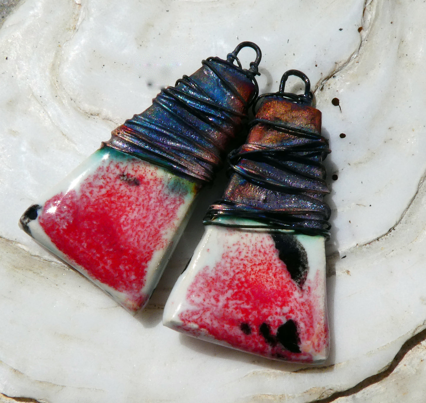 Ceramic Wire Wrapped Wedge Charms -Poppy Fields