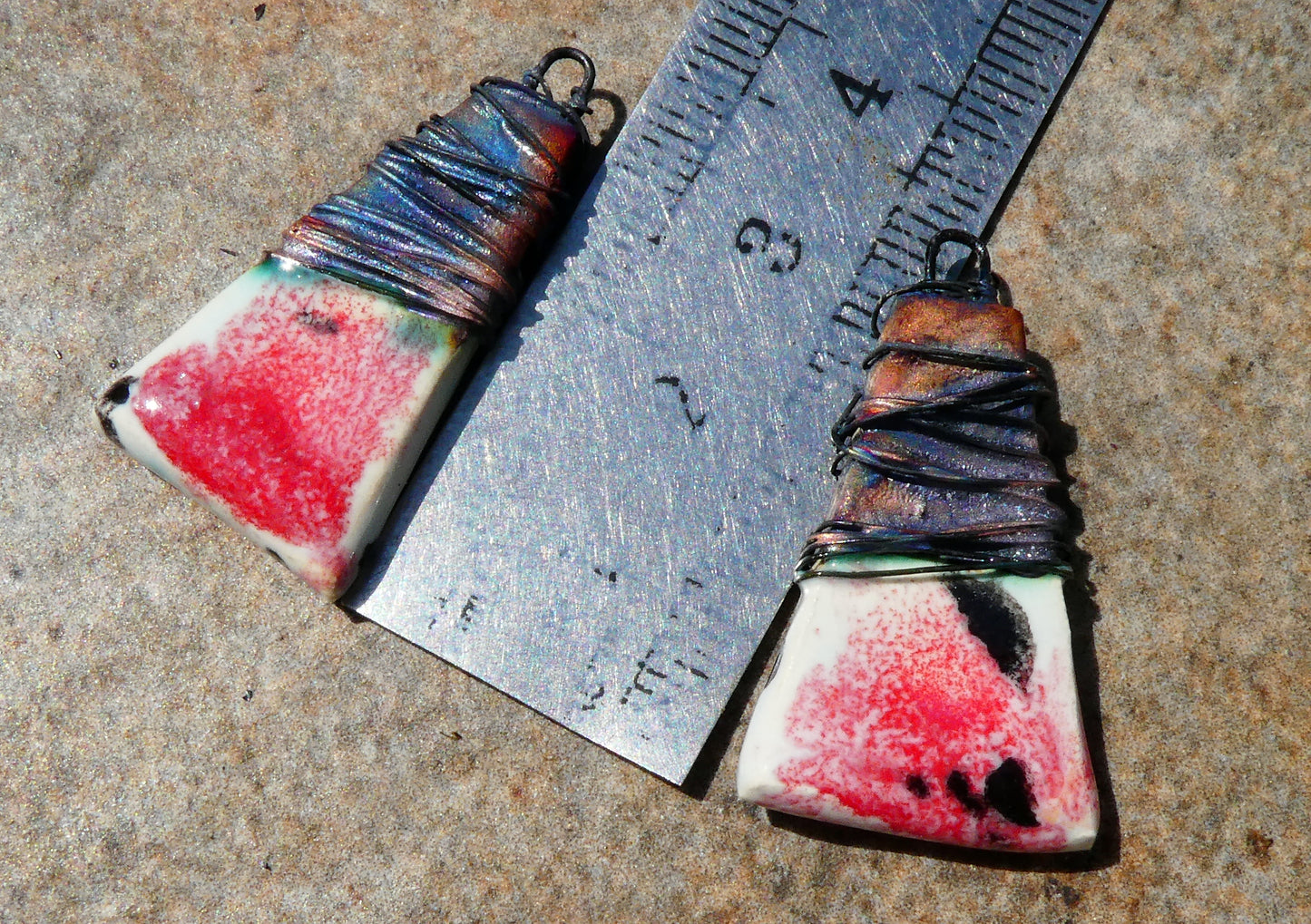 Ceramic Wire Wrapped Wedge Charms -Poppy Fields