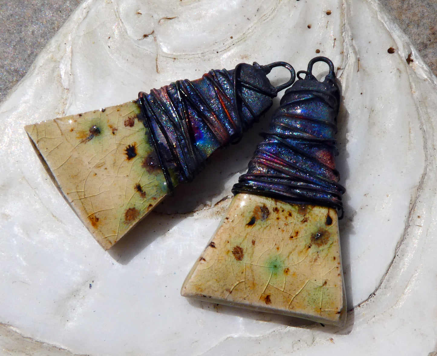 Ceramic Wire Wrapped Wedge Charms -Cappuccino Mint