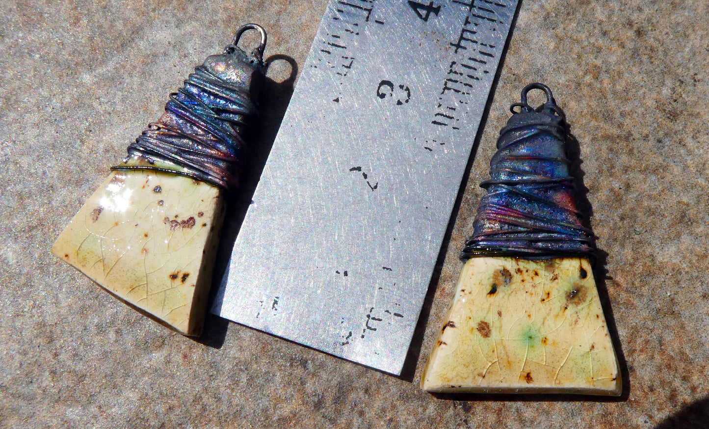 Ceramic Wire Wrapped Wedge Charms -Cappuccino Mint