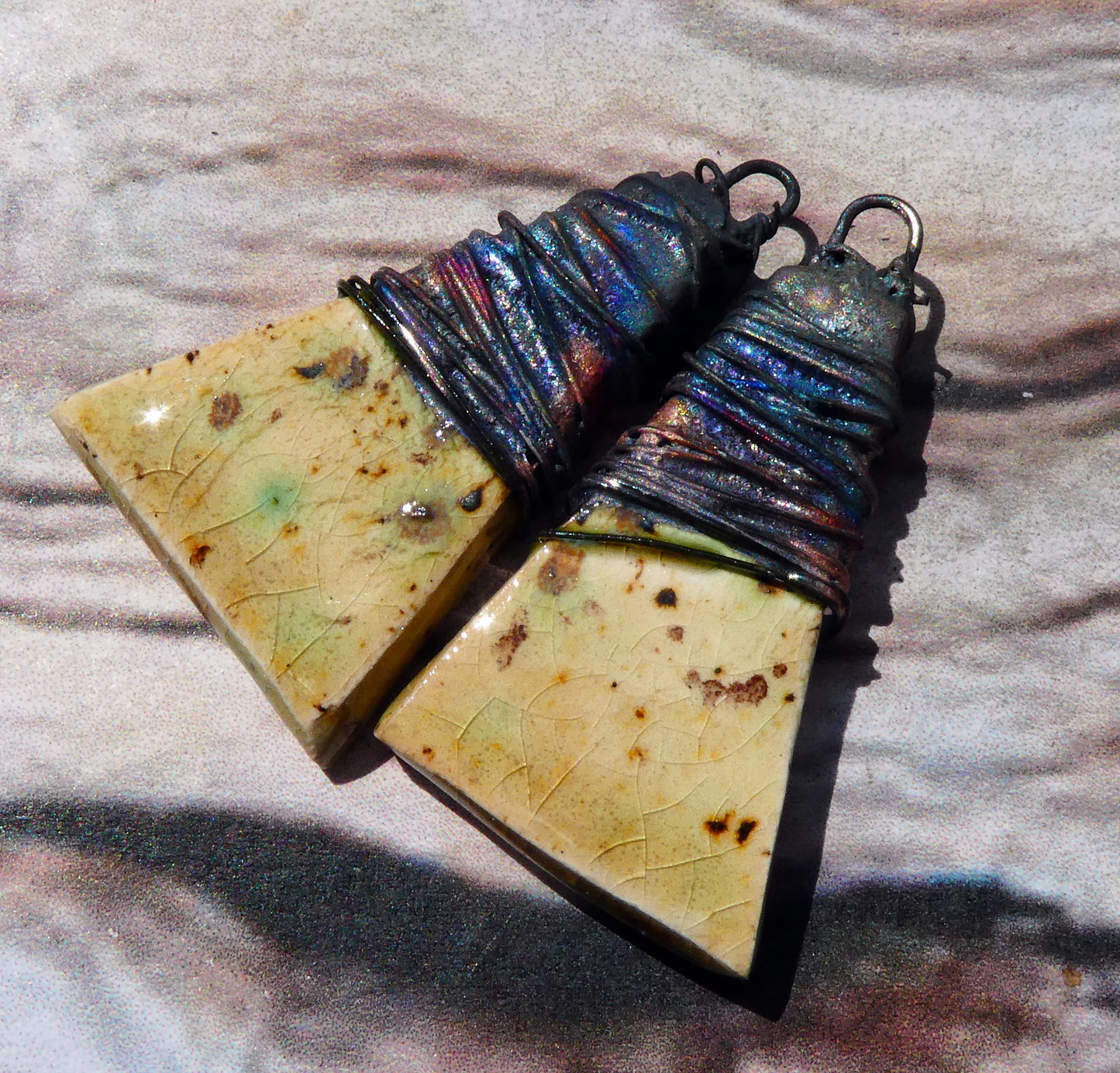 Ceramic Wire Wrapped Wedge Charms -Cappuccino Mint