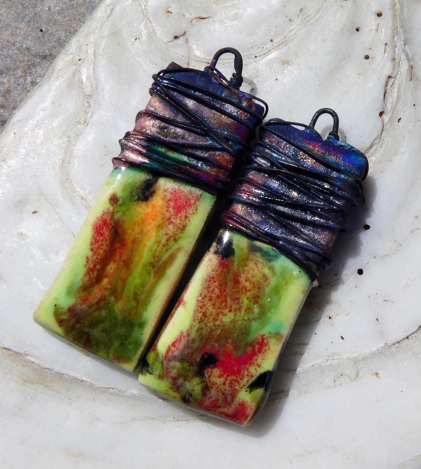 Ceramic Wire Wrapped Tablet Charms - Mixed Melon