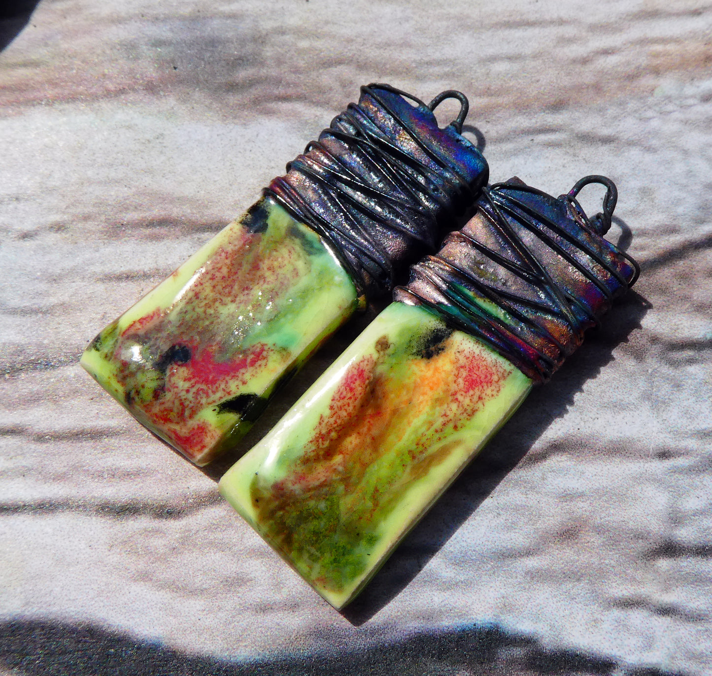 Ceramic Wire Wrapped Tablet Charms - Mixed Melon