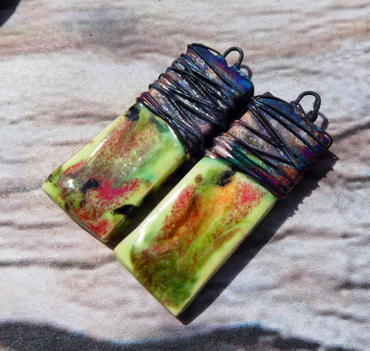 Ceramic Wire Wrapped Tablet Charms - Mixed Melon