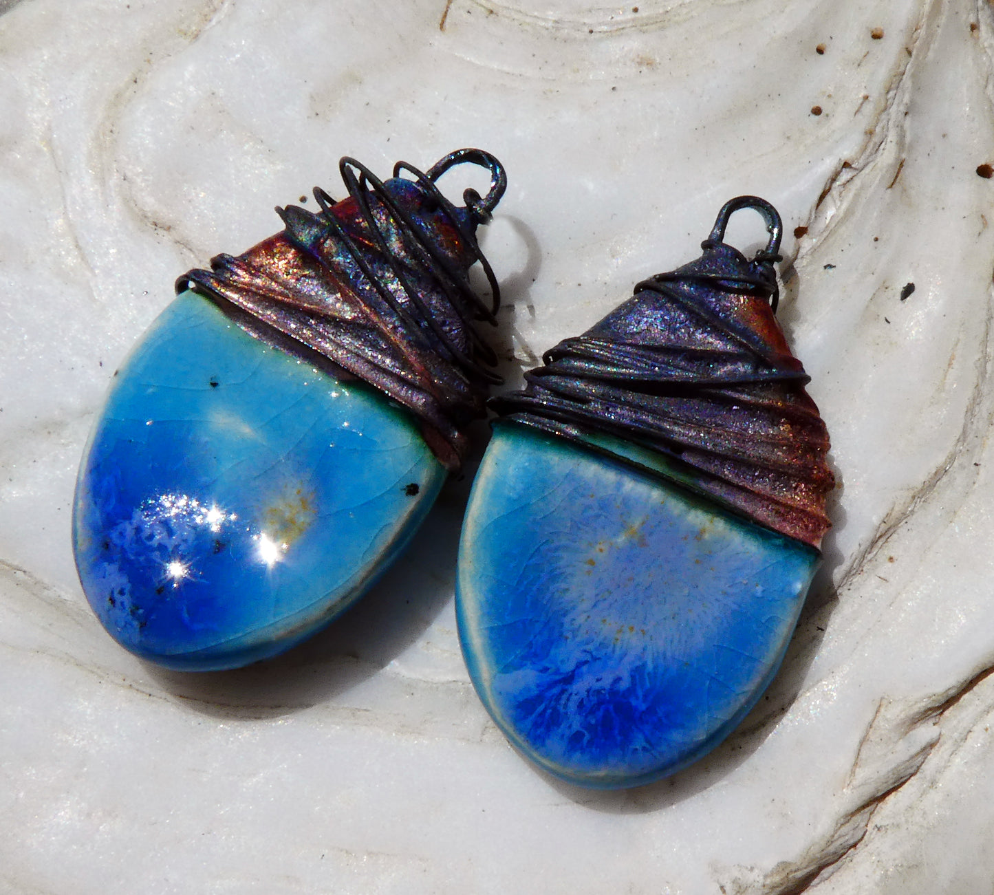 Ceramic Wire Wrapped Teardrop Charms - Tranquil Earth