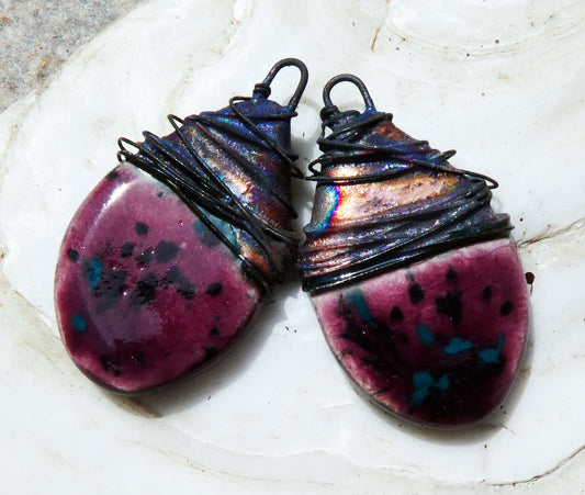 Ceramic Wire Wrapped Teardrop Charms - Peppered Raspberry