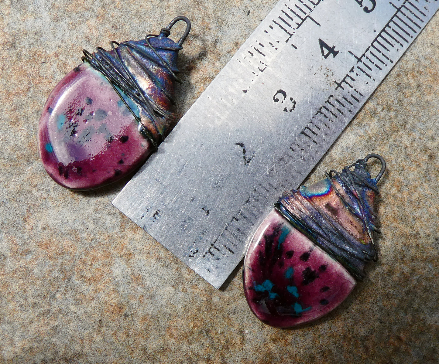 Ceramic Wire Wrapped Teardrop Charms - Peppered Raspberry