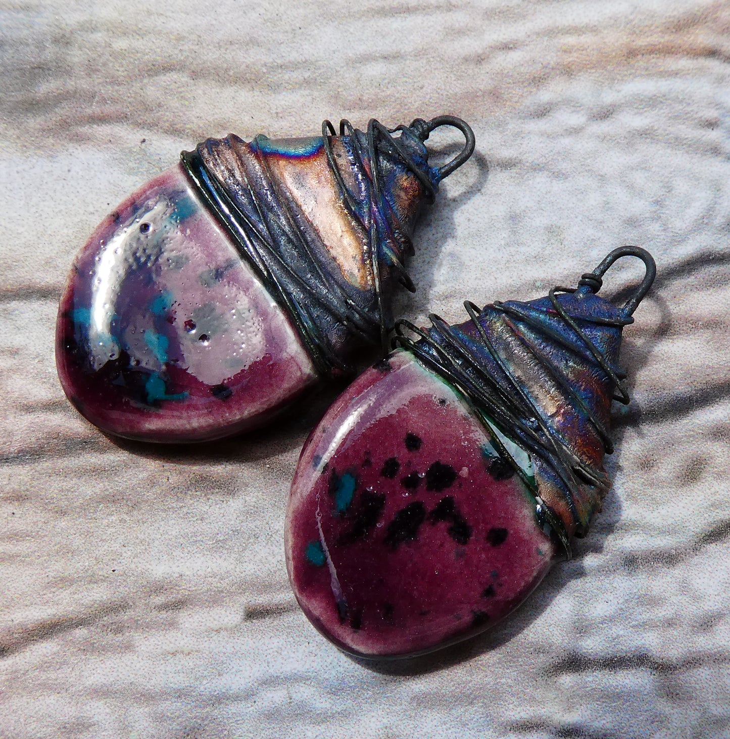 Ceramic Wire Wrapped Teardrop Charms - Peppered Raspberry