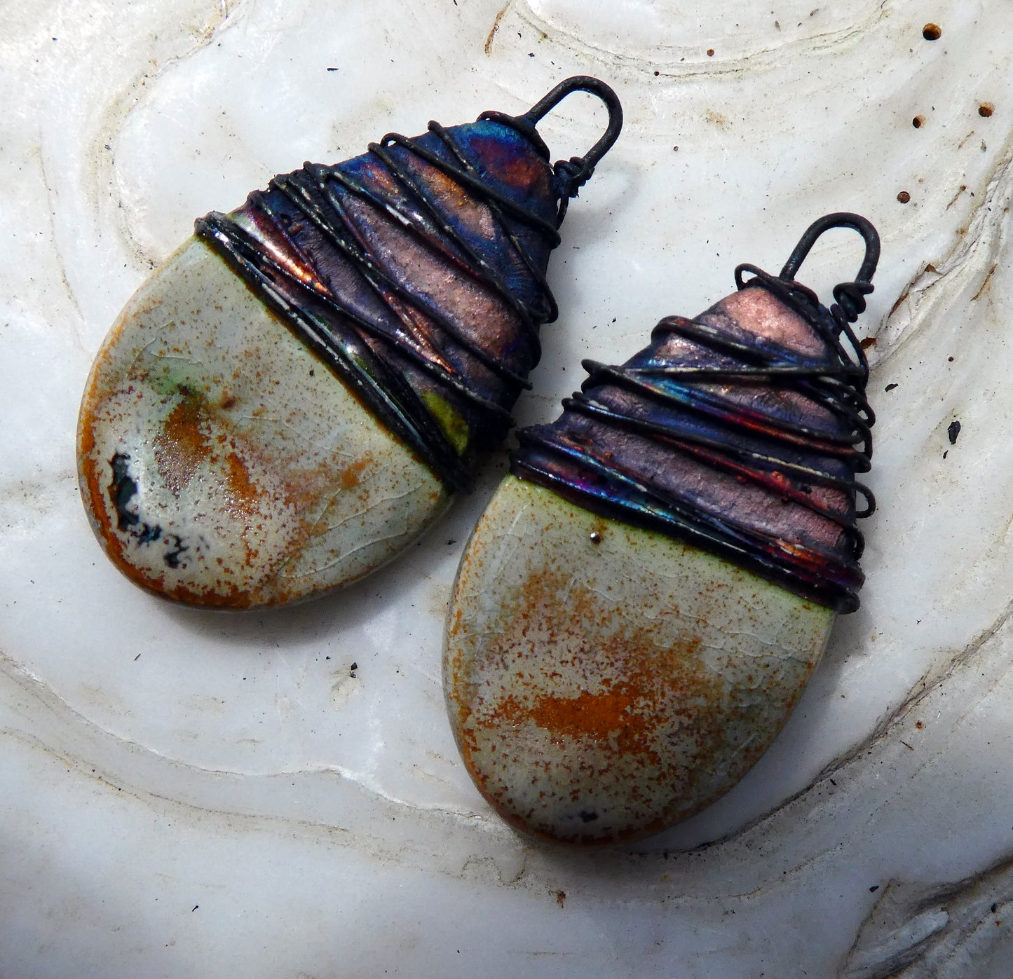 Ceramic Wire Wrapped Teardrop Charms -Stone