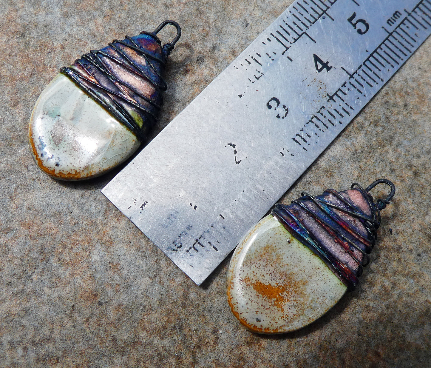 Ceramic Wire Wrapped Teardrop Charms -Stone