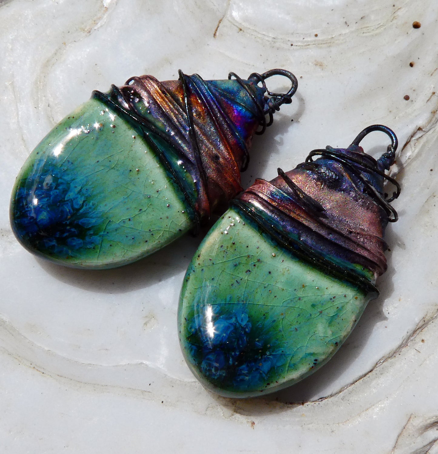 Ceramic Wire Wrapped Teardrop Charms -Rockpool