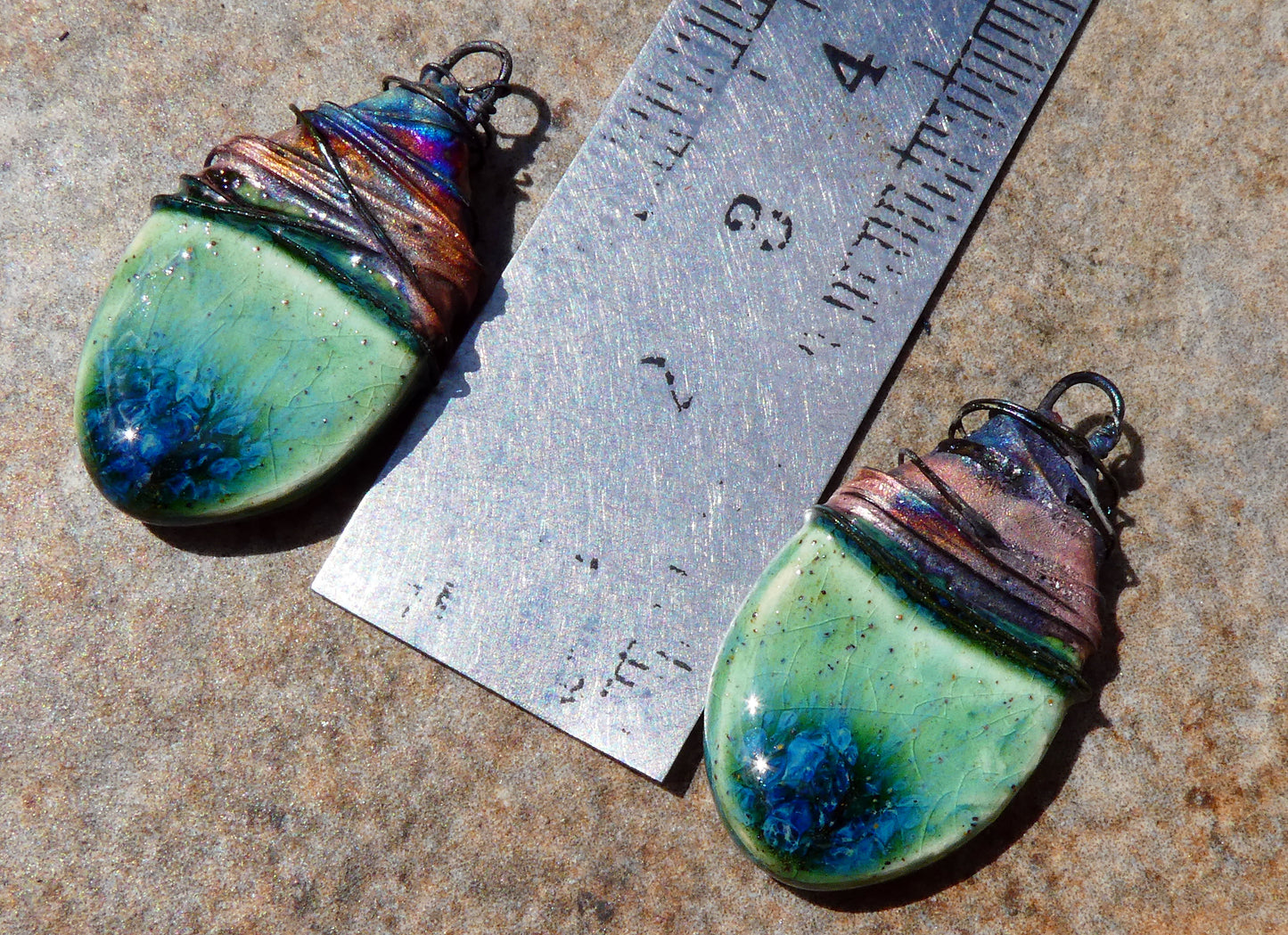 Ceramic Wire Wrapped Teardrop Charms -Rockpool