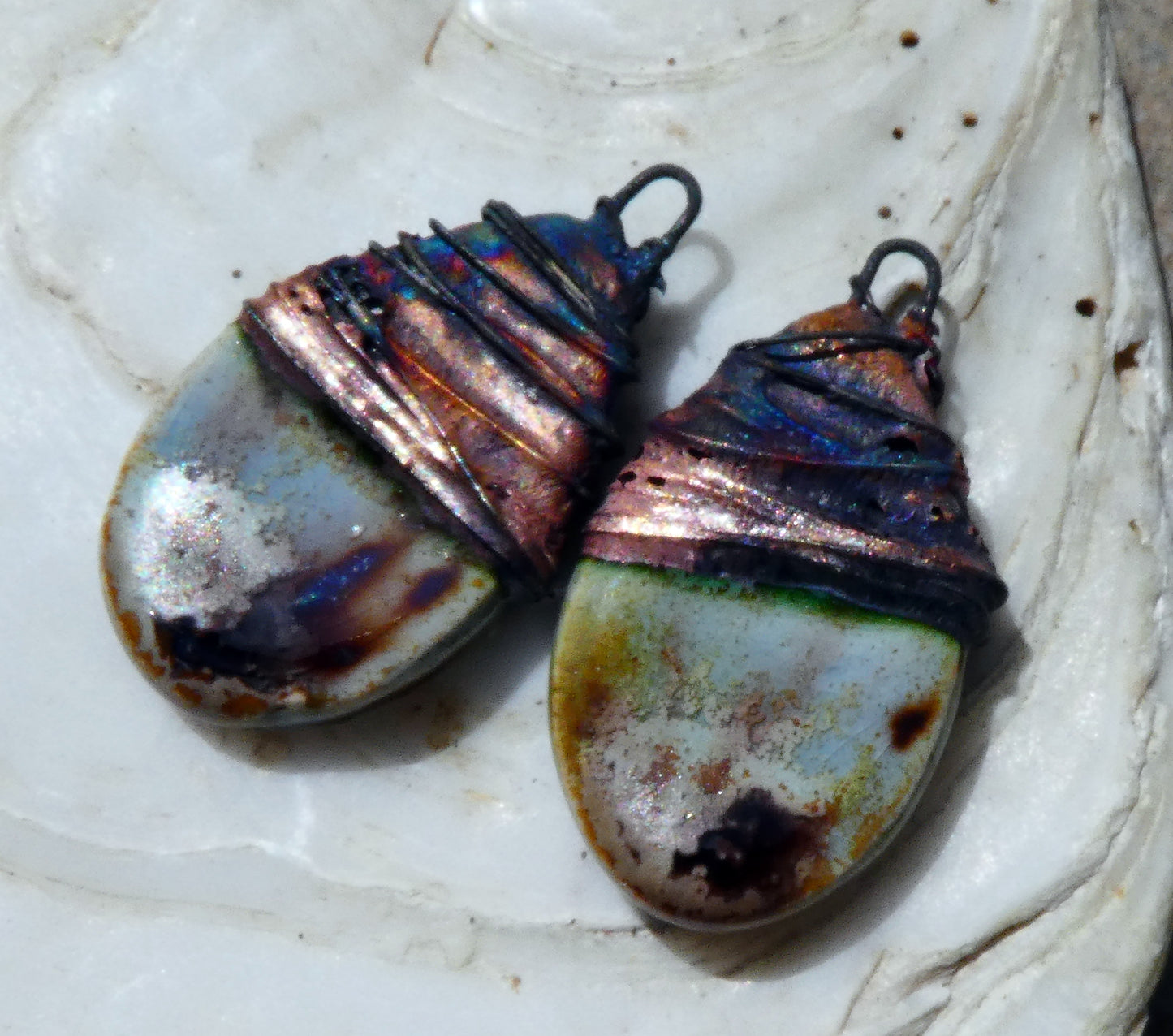 Ceramic Wire Wrapped Teardrop Charms -Spotted Malachite