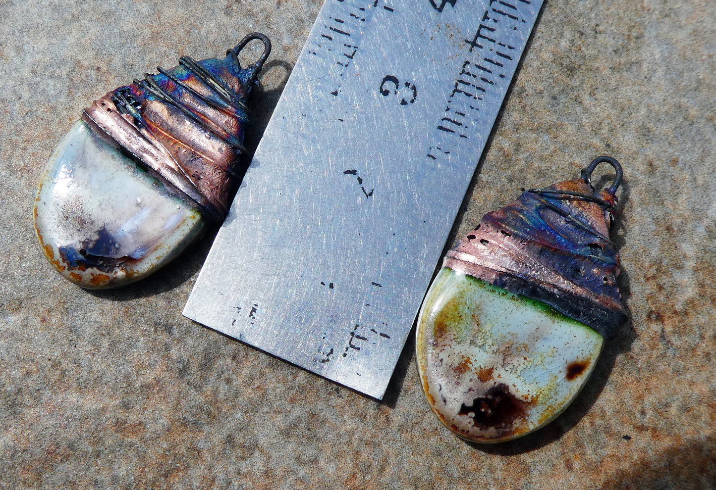 Ceramic Wire Wrapped Teardrop Charms -Spotted Malachite