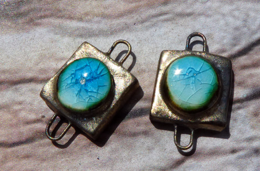 Ceramic Little Moulded Square Connectors -Turquoise Crackle