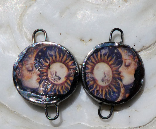 Ceramic Little Disc Vintage Sun and Moon Decal Earring Connectors #2
