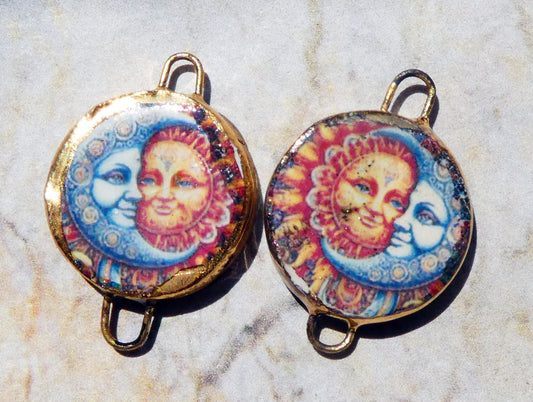 Ceramic Little Disc Vintage Sun and Moon Decal Earring Connectors #3