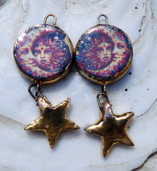 Ceramic Vintage Sun and Moon Decal and Star Earring Dangles #6